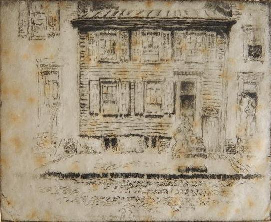 Joseph Pennell etching: Joseph Pennell- ''Walt Whitman's House'' (Wuerth 851)- etching, 1924, signed in pencil, edition of about 25, heavy foxing throughout. 5 1/2 x 6 3/4''