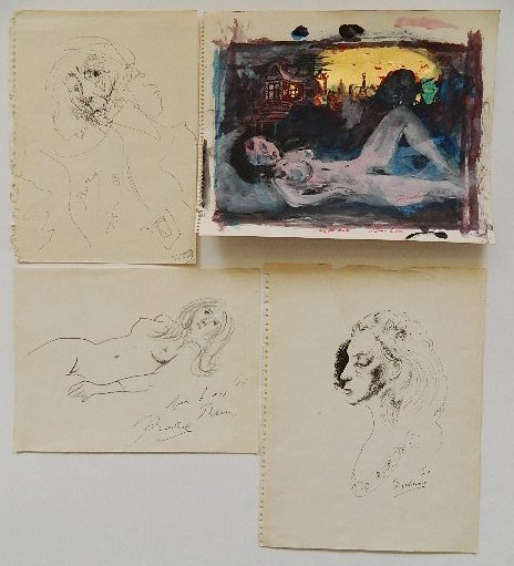 Noel Rockmore 4 works on paper: Noel Rockmore- Female Studies- 1 watercolor on paper and 3 pen and ink drawings, all signed, various sizes.