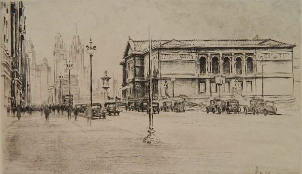 Otto Schneider 2 works on paper: Otto Schneider- ''Art Institute of Chicago''; Men Walking- 1 etching and 1 pen and ink on an envelope, the etching signed in pencil and slightly light struck. 5 1/2 x 9 1/4''; 3 x 9''