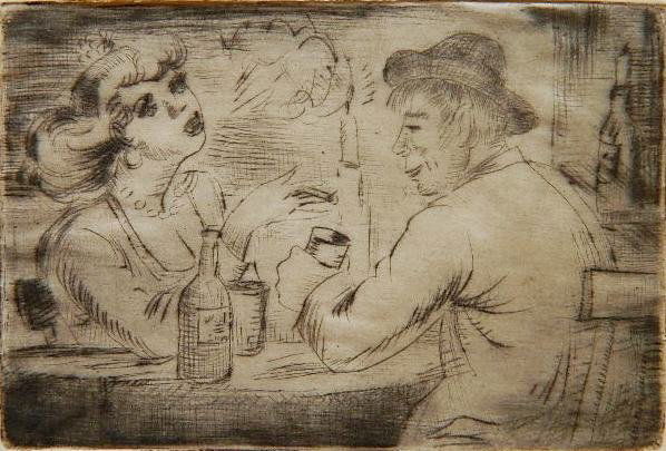 Clyde Singer 2 etchings: Clyde Singer- ''Habitues''; ''Head''- 2 etchings, 1940, 1951, each signed, titled and numbered '#10' and '#6' in pencil. 2 5/8 x 4''; 3 7/8 x 3 3/4''