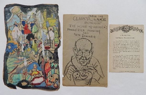 William Sommer charcoal: William Sommer- ''Clarks Near The Lake''- charcoal on paper; together with a watercolor by M. Sartis. 11 1/2 x 7 1/2'' largest