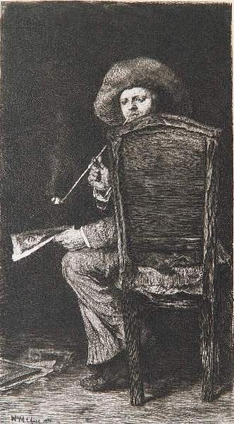 William Unger etching: William Unger- Portrait of Frank Duveneck- etching, after William M. Chase, trimmed along right edge (uneven edge) still leaving 2'' right margin. 9 1/2 x 5 1/8''