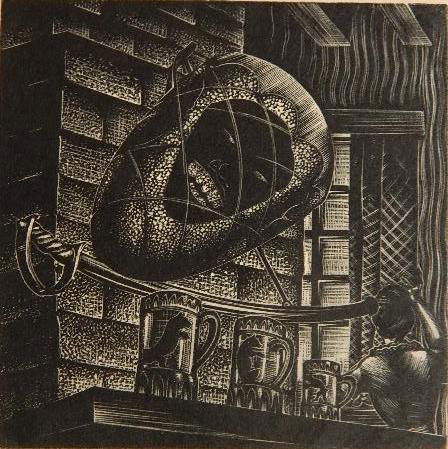 Lynd Ward wood engraving: Lynd Ward- Composition- wood engraving, 1930, signed in pencil, Plate 14- 'Mad Man's Drum'. 3 3/4 x 3 3/4''