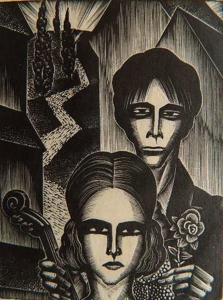 Lynd Ward wood engraving: Lynd Ward- ''The Couple''- wood engraving, 1930, Plate 62- 'Mad Man's Drums'. 3 7/8 x 2 3/4''
