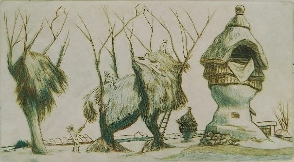 Alfredo Zalce etching and drypoint: Alfredo Zalce- City of Hay- etching and drypoint in colors, 1947, signed, dated and numbered 30/125 in pencil. 6 7/16 x 11 9/16''