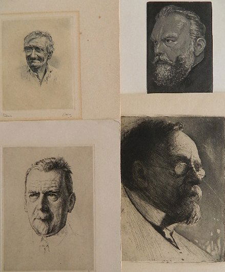 Klinger; Tallberg; Halm; Struck - 4 etchings: 4 Portraits- Max Klinger- ''Dr. Lamprecht''; Axel Tallberg- Old Man; Peter Halm- ''Henrich Woelflin''; and Herman Struck- ''Professor K''- 4 etchings, Tallberg and Halm signed in pencil, Tallberg mat