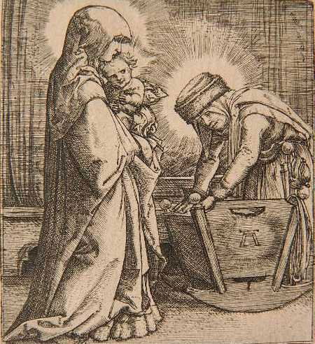 Albrecht Altdorfer engraving: Albrecht Altdorfer- Madonna and Child- engraving, tape stains in top margin. 2 3/8 x 2 1/8''