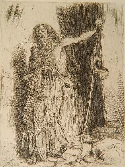 Marius A. J. Bauer etching: Marius A. J. Bauer- ''A Blind Beggar''- etching, 1900, initialed and 'no. 20' in pencil, edition of 100. 5 7/8 x 4 5/16''