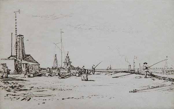 Muirhead Bone drypoint: Muirhead Bone- ''The Jetty, Gorleston''- drypoint, signed in pencil. 6 3/4 x 10 7/8''