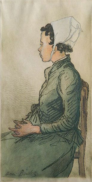 Henri Boutet etching: Henri Boutet- Breton Girl Seated- etching with hand-coloring, ca. 1890, slightly age toned, minor handling creases. 10 x 5''