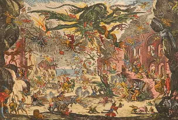 Jacques Callot etching: Jacques Callot- ''Die Versuchung des Heiligen Antonius'' (Lieure 1416)- etching, 1634, with hand-coloring, later printing. 13 3/4 x 16 1/4''