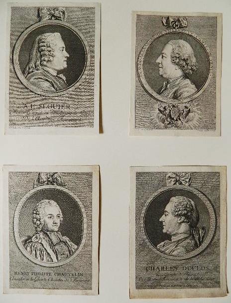 A. L. Cochin 4 engravings: A. L. Cochin- Portraits of A. L. Seguir; Claude Villeneuve; Henry P. Chauvelin; Charles Duclos- 4 engravings, various sizes.