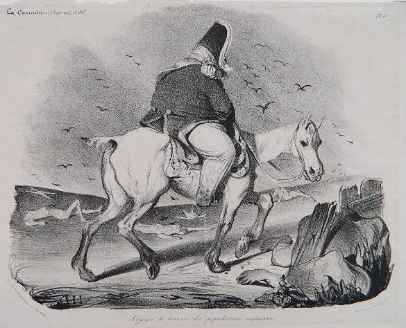 Honore Daumier lithograph: Honore Daumier- ''Voyage a Travers ...empresses''- lithograph, as published in 'La Caricature', vertical crease down center as should be. 9 1/2 x 12''