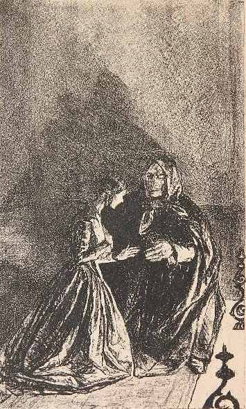 Ethel Gabain lithograph: Ethel Gabain- Scene From Jane Eyre- lithograph, 1923, from a set of illustrations for the book, printed text in red 'Speciman' in upper right margin, old glue stain along top edge, minor handling crea