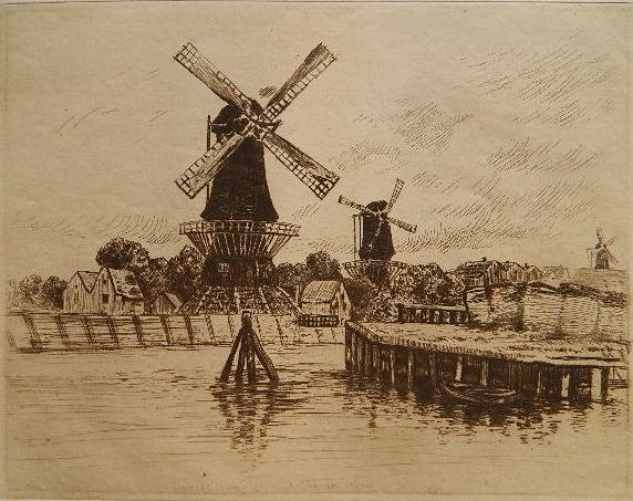 Norbert Goeneutte etching: Norbert Goeneutte- Windermills at Rotterdam- etching, 1891, slightly age toned, minor staining in margin. 8 1/2 x 10 3/4''