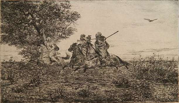 Jules Jacquemart after Eugene Fromentin etching: Jules Jacquemart after Eugene Fromentin- Courriers Pays de Ouled Nagls (Gonse 267)- etching on chine colle, 1861, as published by Gazette des Beaux Arts. 5 x 8 1/2''