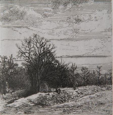 Charles Jacque etching: Charles Jacque- Figure in Landscape- etching, handling creases in paper. 3 5/8 x 3 5/8''