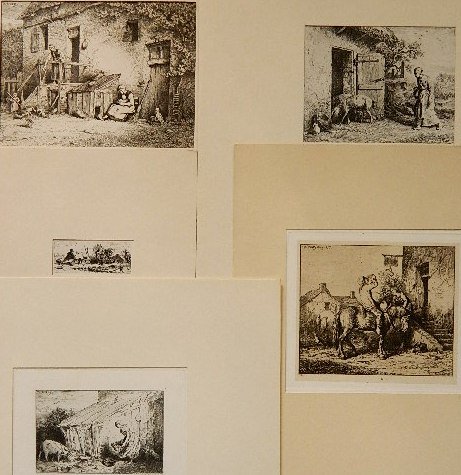 Charles Jacque 5 etchings: Charles Jacque- Paysage Hiver; Interieur De Ferme; Femme Faisant Rentrer des Porcs dans Une Porcherie; Porte d'Auberge; Toit a Porcs- 5 etchings, various sizes.