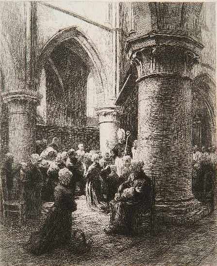Leon L'Hermitte etching: Leon L'Hermitte- La Visite Pastorale (Beraldi 25)- etching, 1881. The scene is in the chu of Mezy, based on a pencil drawing of 1878 published in 'Portfolio', September 1881. 8 5/8 x 7''