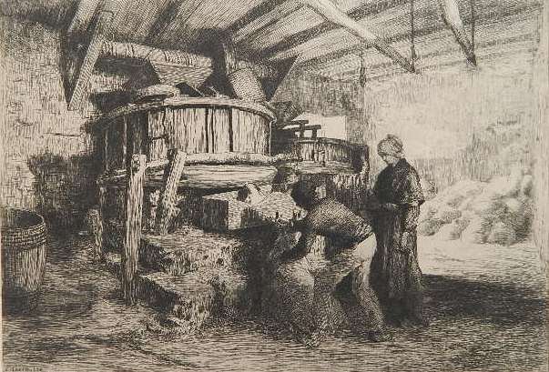 Leon L'Hermitte etching: Leon L'Hermitte- ''Interieur de Moulin a Kersaint (Finistere)- etching on laid paper, ca. 1880, mat burn around old mat opening in margin. 7 5/8 x 11 1/16''
