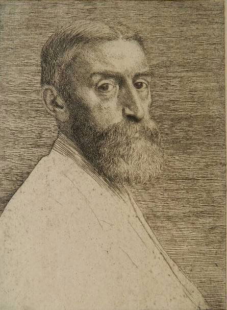 Alphonse Legros etching: Alphonse Legros- ''Portrait of Sir Edwin Poynter'' (Malassis & Thibaudeau 42 vi/vi)- etching on laid paper, ca. 1877, slightly light struck. 8 3/8 x 6 3/16''