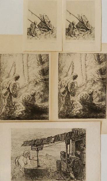 Alphonse Legros 5 etchings: Alphonse Legros- ''La Charete'' (2 copies); ''Le Manege'' and ''La Mort et le Bucheron'' (2 copies)- 5 etchings, as published in Gazette Des Beaux Arts, L'Art and by Cadart, various sizes.