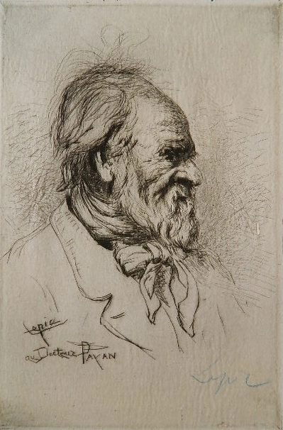 Ludovic N. Lepic drypoint: Ludovic N. Lepic- Docteur Payan- drypoint, 1875, signed lower right in image in color pencil, minor staining in image, paper loss upper corners verso. 9 1/2 x 6 1/4''