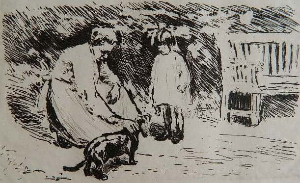 Max Liebermann etching: Max Liebermann- ''Gartenszene (Warterin, Kind und Hund)'' (Schieffer? 331)- etching, signed in pencil, 2 soft creaes across sheet, goes through upper left in image. 4 1/4 x 6 3/4''