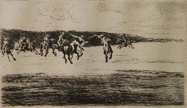 Max Liebermann etching: Max Liebermann- Polo- etching, signed in pencil, slightly light struck. 4 3/4 x 8 1/8''