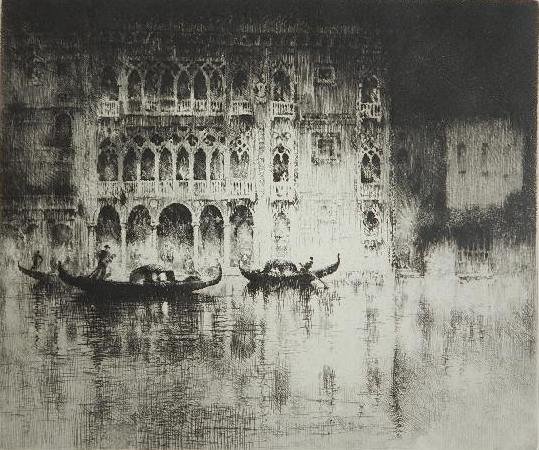 Sidney Litten etching: Sidney Litten- ''Ca Doro, Venice''- etching on light green wove paper, signed in pencil. 10 1/2 x 12 1/2''