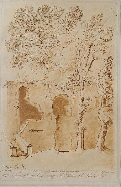 after Claude Lorrain etching: after Claude Lorrain- Ruins with A Staircase (Wessely 418)- etching, 1810, etched by Richard Earlom, 1st edition as published by Boydell, trimmed and laid on another paper as margin. 8 1/2 x 5 5/8''