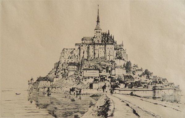 Marcel Myr etching: Marcel Myr- ''Le Mont, St. Michael''- etching, signed and numbered 72/100 in pencil. 9 1/2 x 14 3/4''