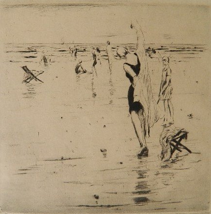 Tavik F. Simon drypoint: Tavik F. Simon- Impressions of The Sea- drypoint, 1925, signed in pencil, red stamp, slightly light struck, otherwise very good condition. 7 3/8 x 7 1/4''