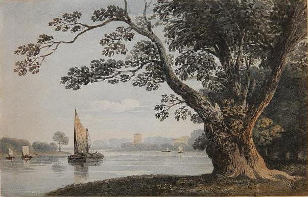 John Varley watercolor: John Varley- ''The Thames at Chiswick''- watercolor over traces. 6 3/8 x 10'' Provenance: Spink, London, England.