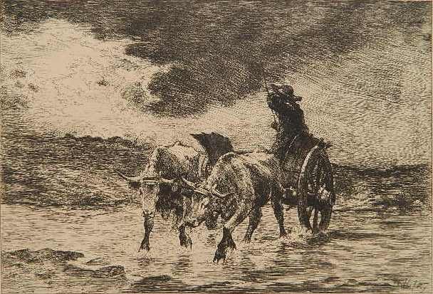 Felix Dominique de Vuillefroy etching: Felix Dominique de Vuillefroy- ''L'Orage''- etching on laid paper, slightly age and mat toned. 6 5/8 x 9 3/4''
