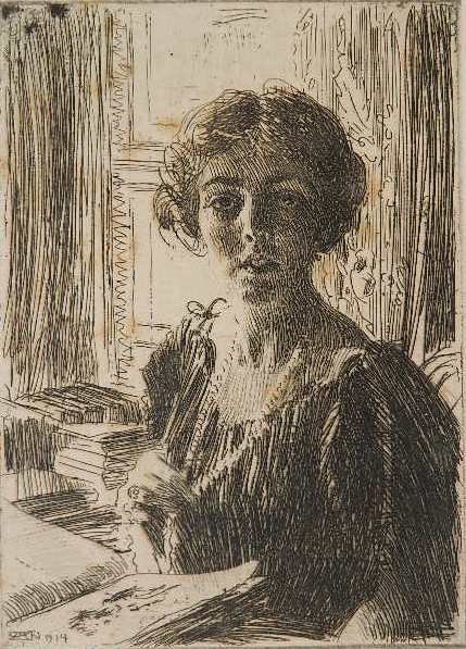 Anders Zorn etching: Anders Zorn- ''The Crown-Princess Margaret of Sweden'' (Asplund 264)- etching, 1914, signed in pencil, mat burn, light struck, foxing throughout. 9 3/4 x 7''