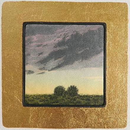 John Beerman etching: John Beerman- Untitled (Landscape)- etching in colors, 1991, signed, dated and numbered 17/25 in pencil. 5 1/2 x 5 1/2''