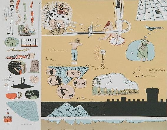 Oyvind Fahlstrom silkscreen: Oyvind Fahlstrom- ''Eddy (Sylvie's Brother) in The Desert''- silkscreen in colors, 1966, signed and dated in pencil, published by Tanglewood Press for the portfolio New York International, edition of