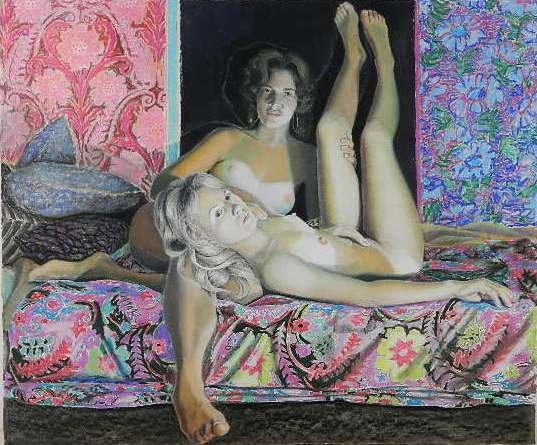 Richard Hickam pastel: Richard Hickam- ''Two Nudes''- pastel on paper, 1975, initialed and dated lower right. 31 1/2 x 38 1/2''