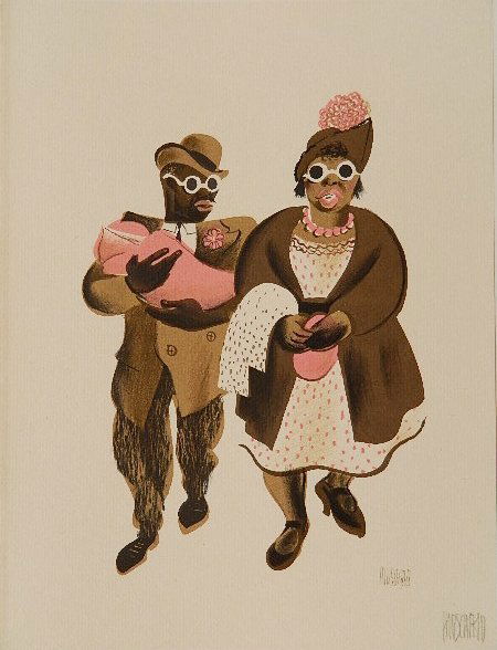 Al Hirschfeld lithograph: Al Hirschfeld- ''Lenox Avenue Stroll''- lithograph in colors, 1941, as published in 'Harlem as Seen by Hirschfeld', very good condition. 12 x 9''