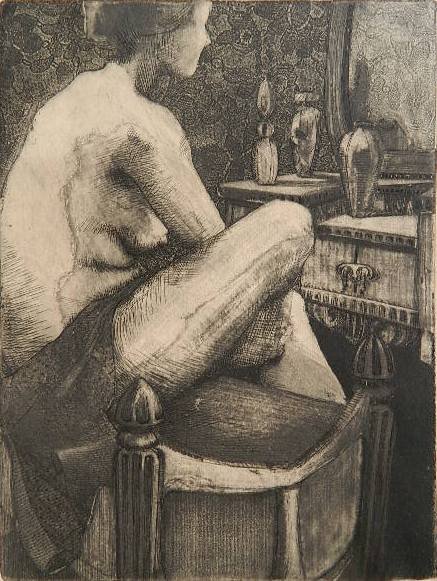N. Horinka etching: N. Horinka- ''Woman Before Mirror''- etching, signed, titled and numbered 5/20 in pencil, slightly light struck, stain in left margin. 12 x 9''