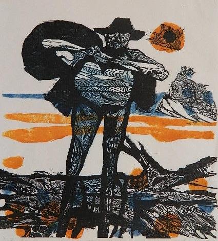 Jacob Landau woodcut: Jacob Landau- ''Beach Comber'' (Milton/ Flint 37)- woodcut in colors, 1956, signed, titled and annotated 'trial proof' in pencil, tape residue stains in top two corners. 9 x 9''
