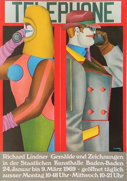 after Richard Lindner off-set lithographic poster: after Richard Lindner- Telephone- off-set lithographic poster, for a show in Germany. 33 x 23 1/2''
