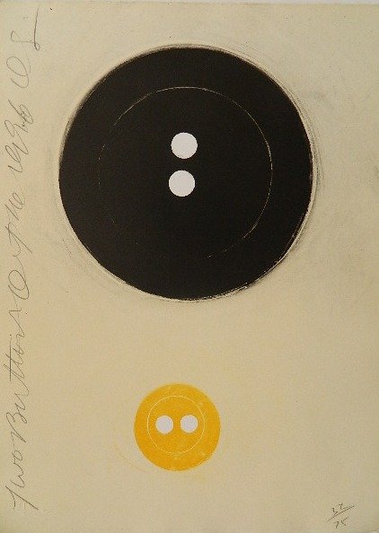 Donald Sultan lithograph: Donald Sultan- ''Two Buttons'' (Tamarind 96-356)- lithograph in colors, 1996, initialed, titled and numbered 32/75, very good condition. 15 x 11''