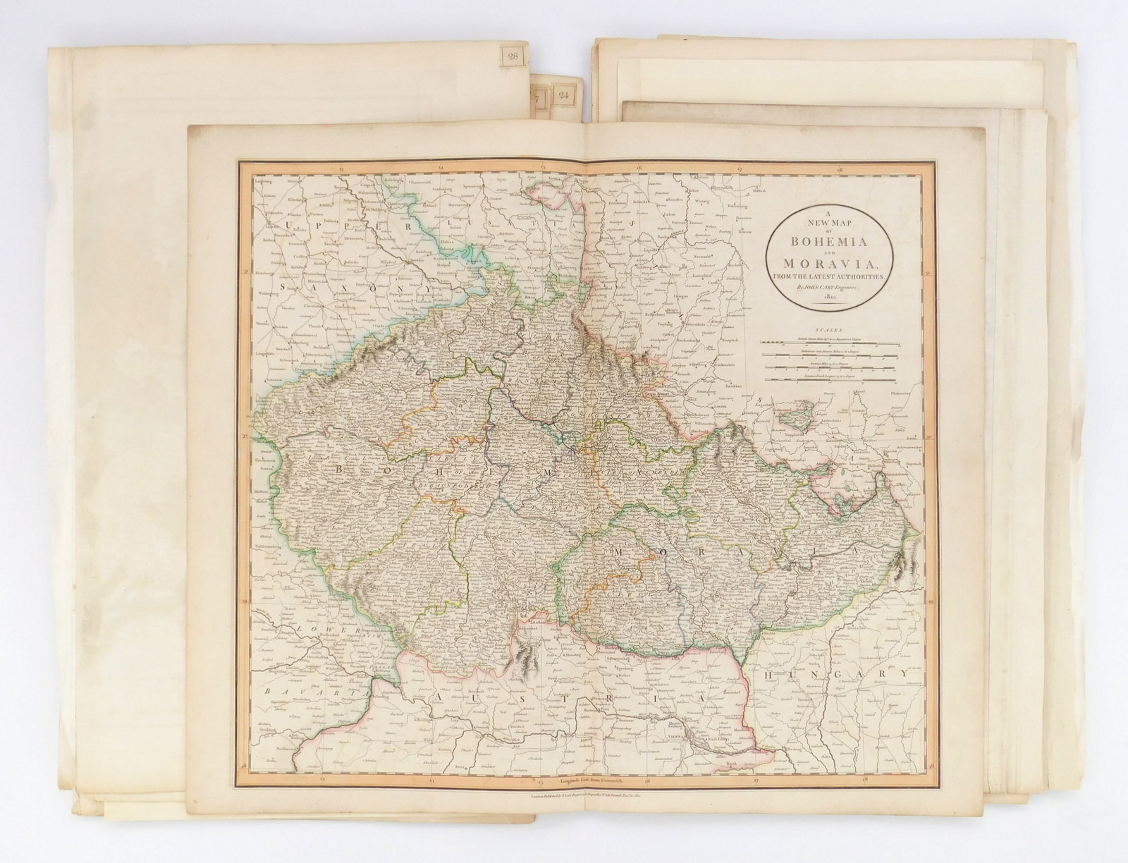 22 John Cary (British, c.1754-1835) maps: all with hand coloring, 17991825, all begin with A New Map of and includes-Bohemia and Moravia; the British Isles; Circle of Babaria; Circle of Franconia; Circle of Lower Saxony; Circle of Swabia of t