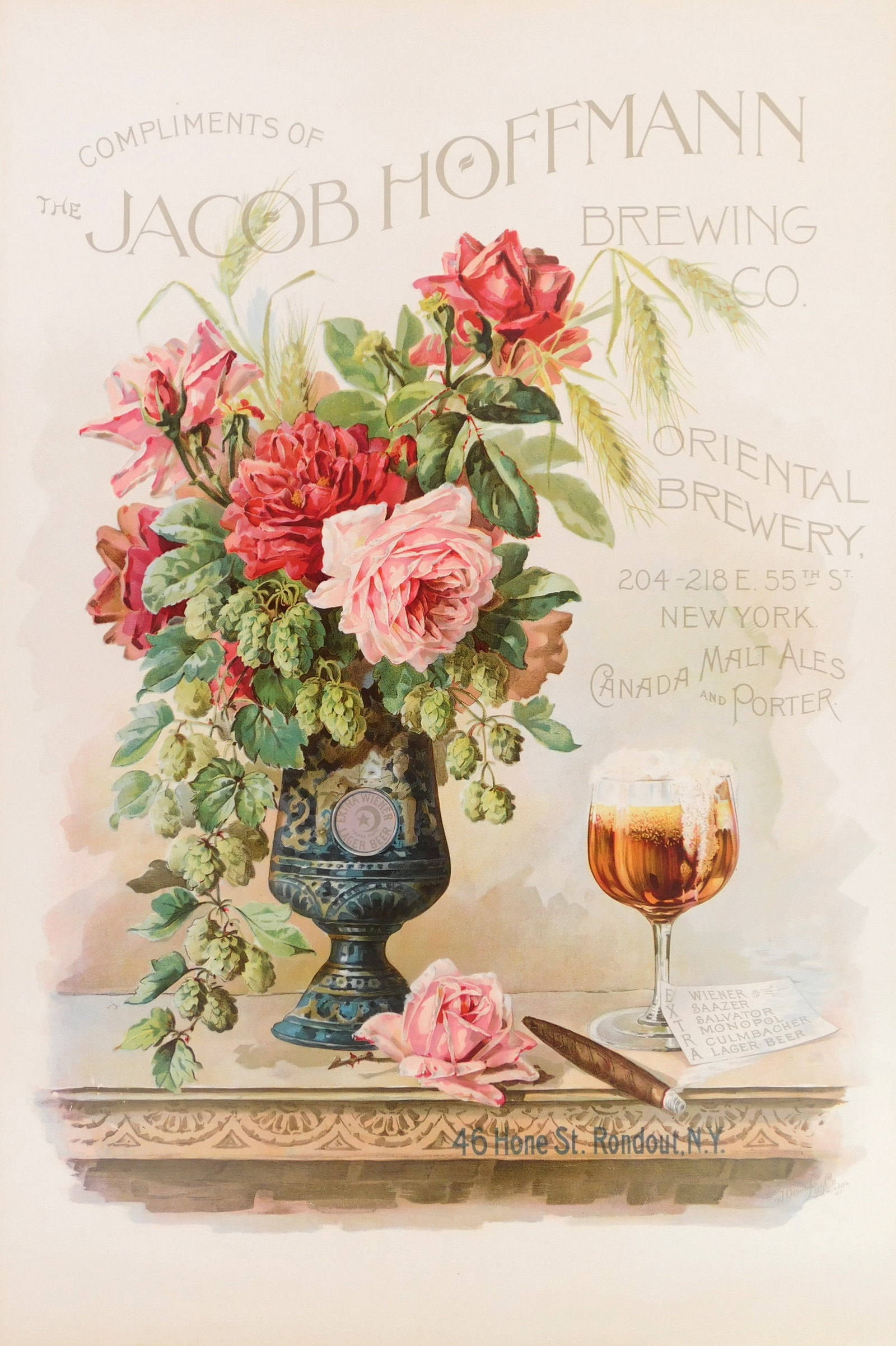 Jacob Hoffman Brewery advertising poster: lithograph in colors, published by J. Ottomann Lithograph Company, linen backed. 31 1/8 x 21" (poster only) *** PLEASE READ: IMPORTANT NOTE About S&H *** S&H of this auction will be h