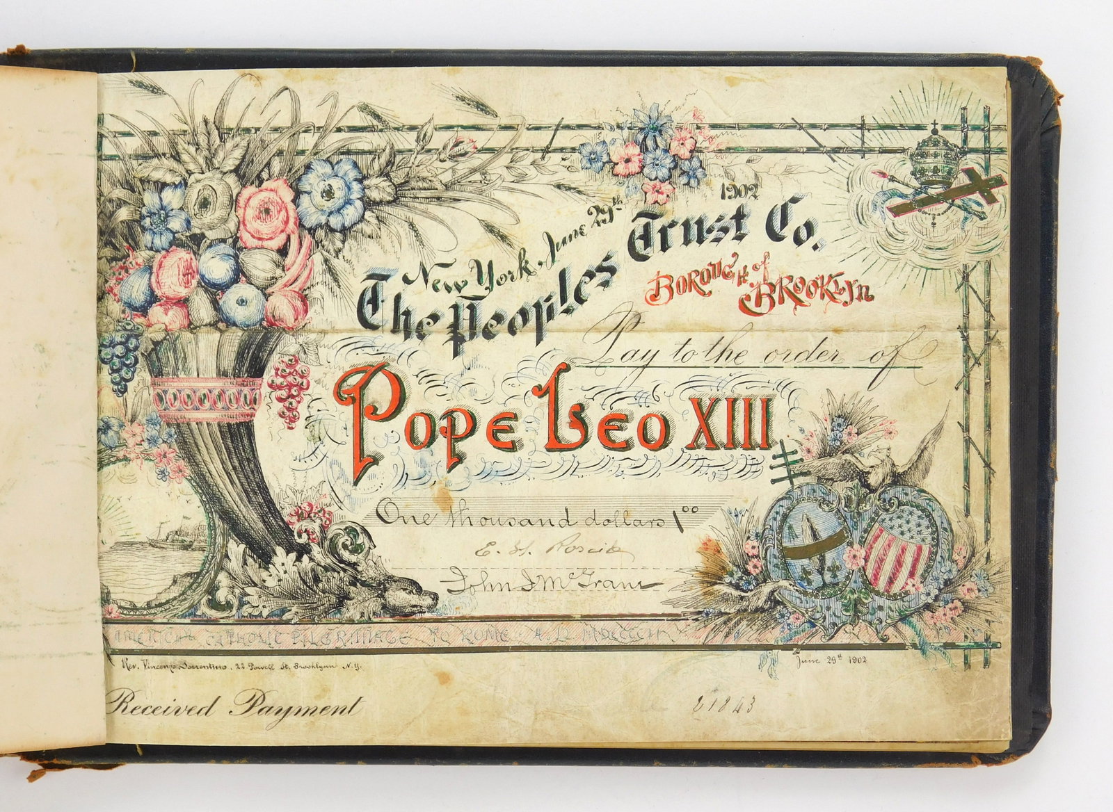 Historical Bank documents- 12 checks issued to Pope Leo XIII & Pope Piius X (1 of 12)