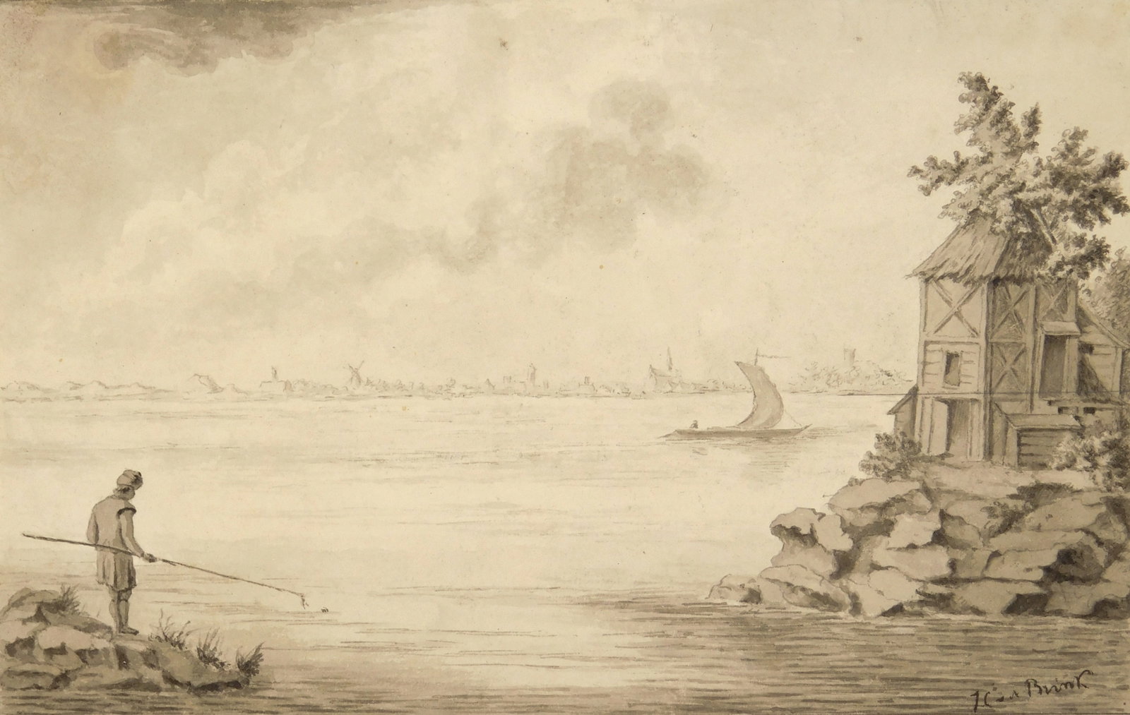 European School ink and wash on paper: Landscape in Holland ink and wash on paper, mounted to support sheet, signed (illegibly) in ink. 5 1/8 x 8 1/16" Provenance: Private collection- Fort Myers, FL *** PLEASE READ: IMPORTANT NO
