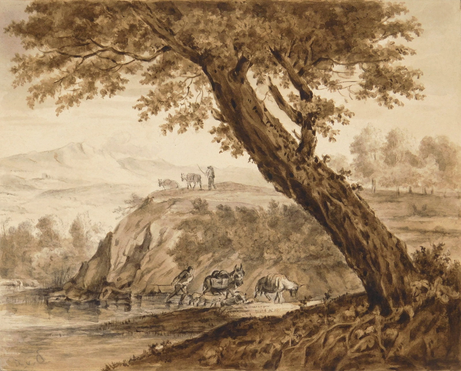 18th/ 19th c. European School watercolor: Landscape with Two Muleteers ink and wash on paper, signed (illegibly) in pencil. 5 15/16 x 7 7/16" Provenance: Private collection- Fort Myers, FL *** PLEASE READ: IMPORTANT NOTE About S&H 