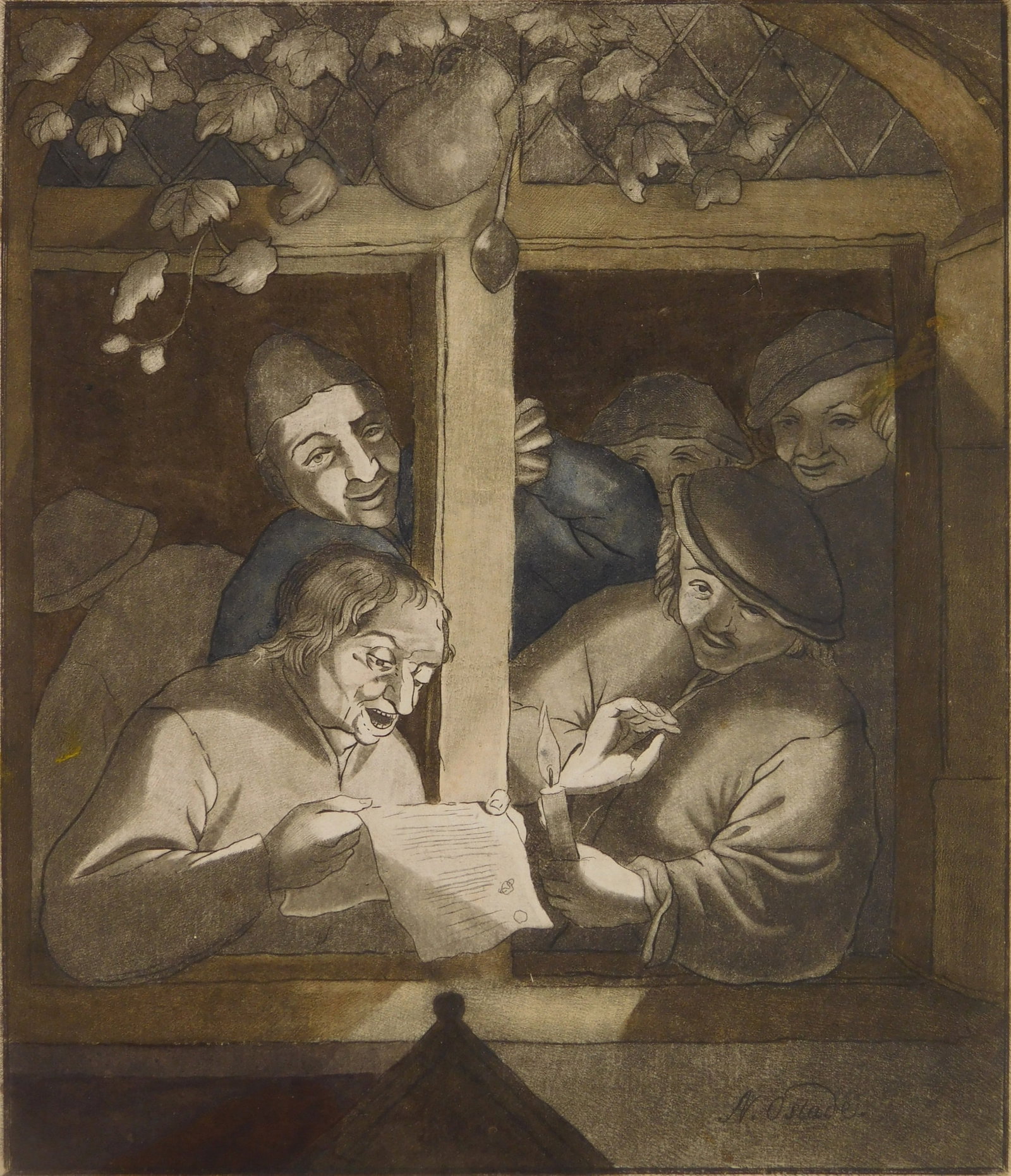 after Adriaen van Ostade (Dutch, 1610-1685) mezzotint: The Singers at the Window mezzotint, attached to support sheet. 8 1/2 x 7 1/4" Provenance: Private collection- Fort Myers, FL *** PLEASE READ: IMPORTANT NOTE About S&H *** S&H of t